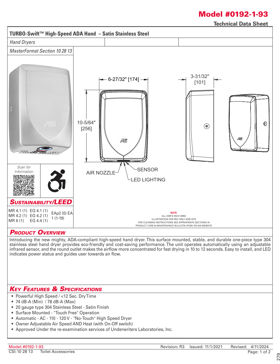 ASI 0192-93 - Hand Dryer - Turbo Swift High Speed - Stainless Steel - Image 2