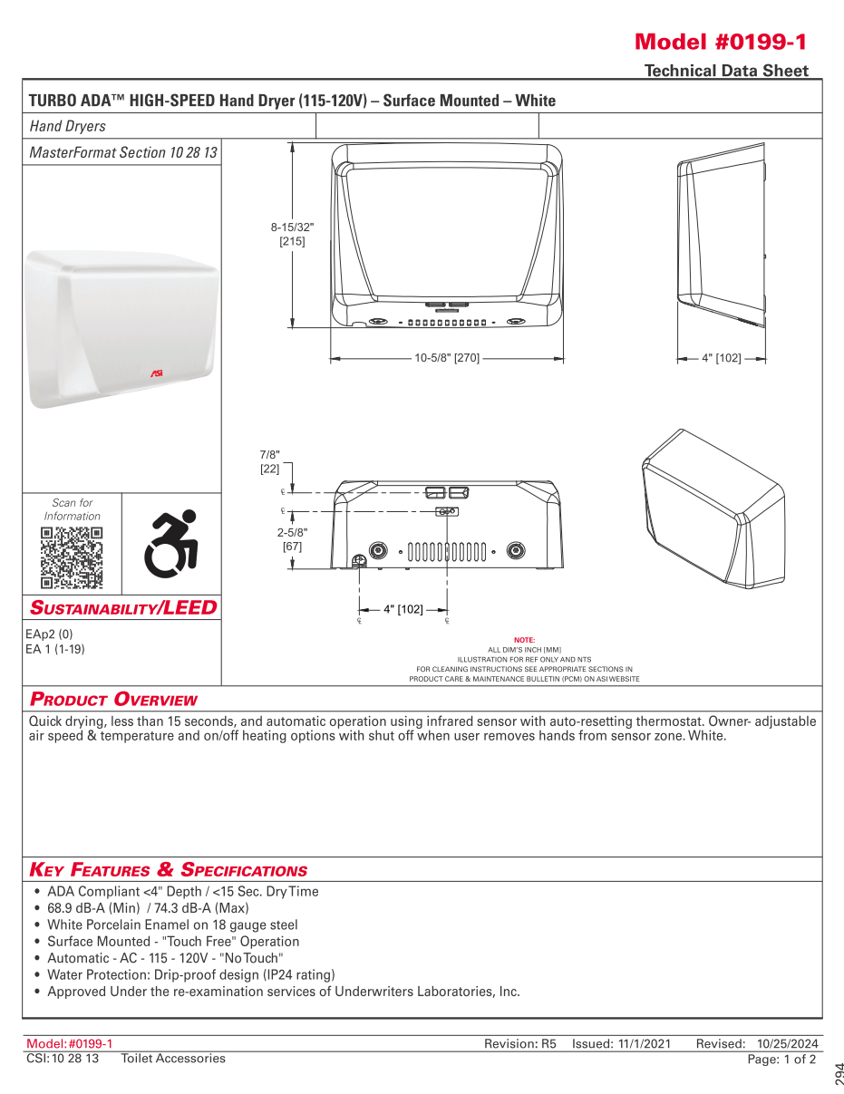 ASI 0199- Hand Dryer - Turbo High Speed - White - Image 2