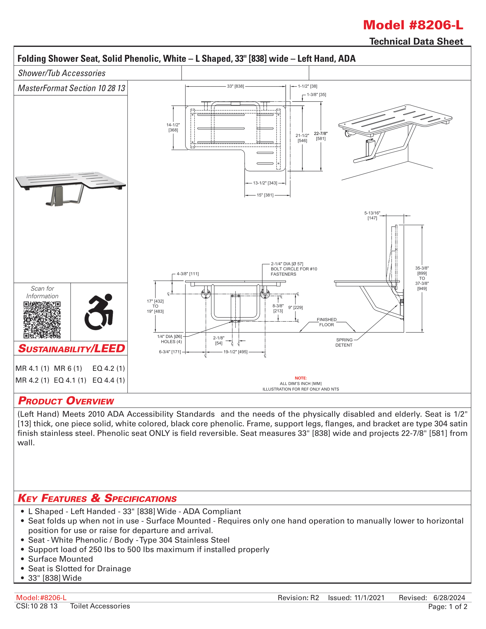 ASI 8206-L - Folding Shower Seat - Solid Phenolic - Image 2