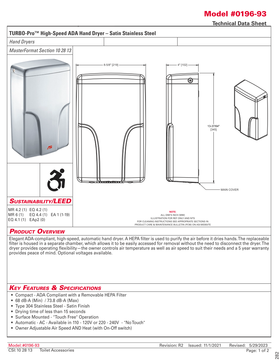 ASI 0196-93 - Hand Dryer - Turbo Pro High Speed - Stainless Steel - Image 2