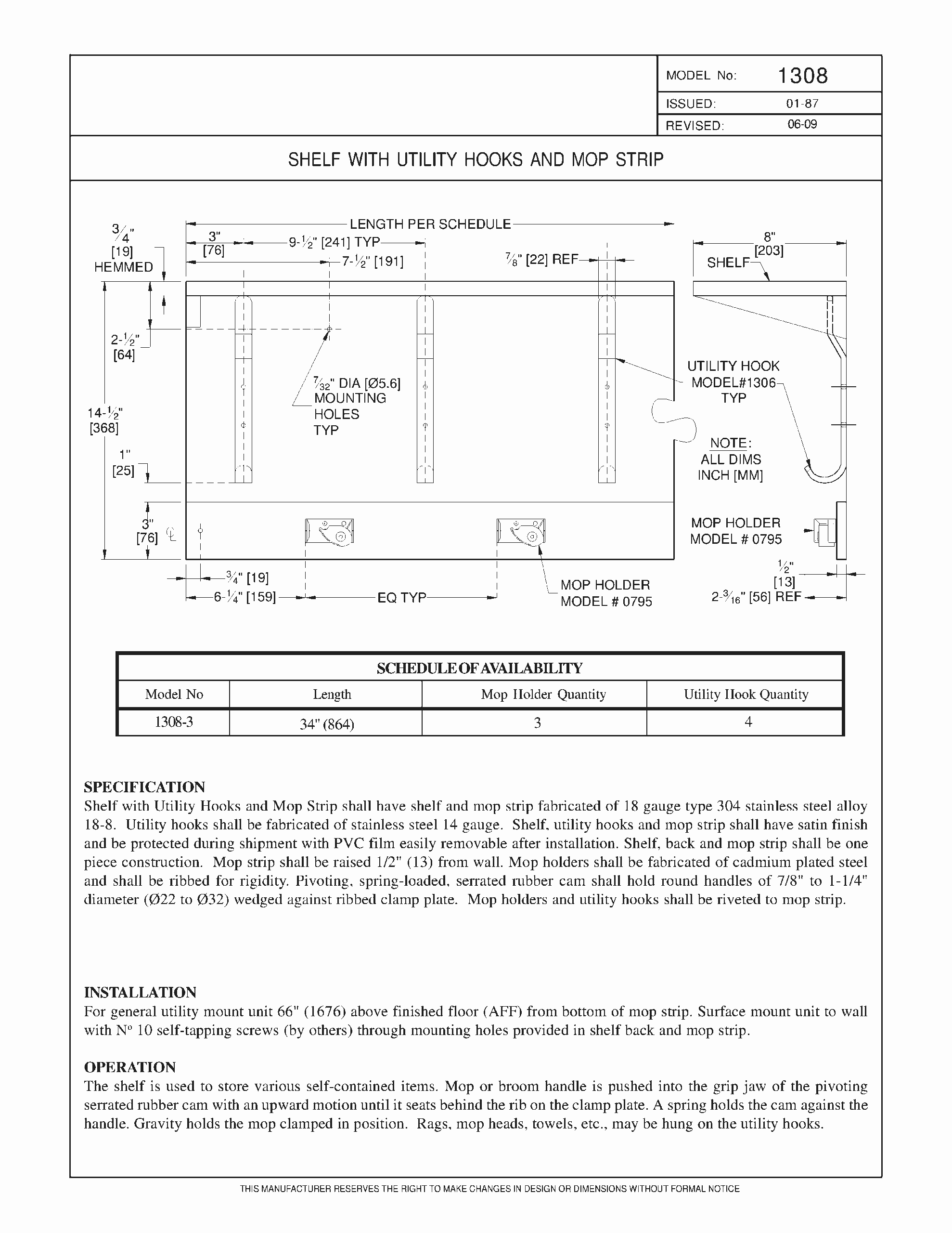 ASI 1308 - Shelf with Utility Hook and Mop Strip - Image 2